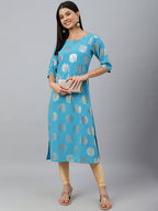 Janasya Women's Sky Blue Crepe Foil Print Casual Straight Kurta | Grocsy