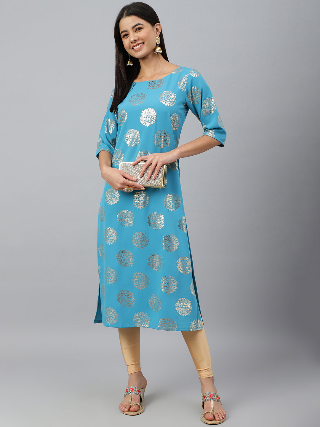 Janasya Women's Sky Blue Crepe Foil Print Casual Straight Kurta | Grocsy