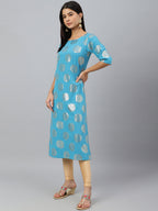 Janasya Women's Sky Blue Crepe Foil Print Casual Straight Kurta | Grocsy