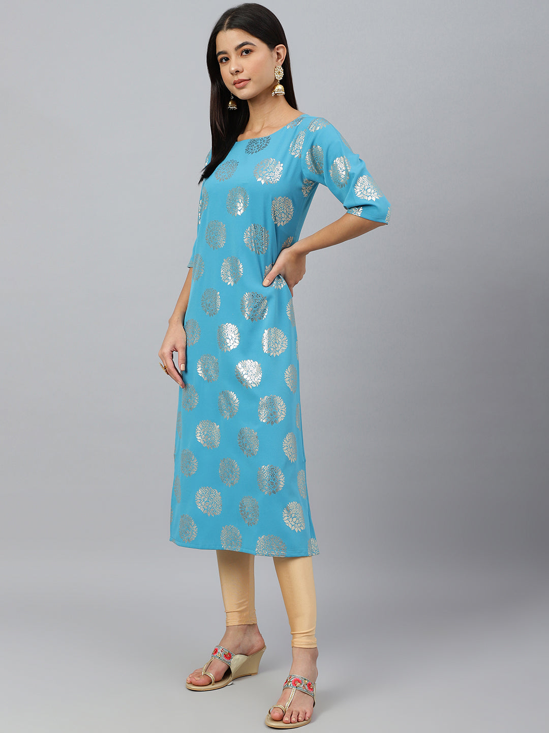 Janasya Women's Sky Blue Crepe Foil Print Casual Straight Kurta | Grocsy