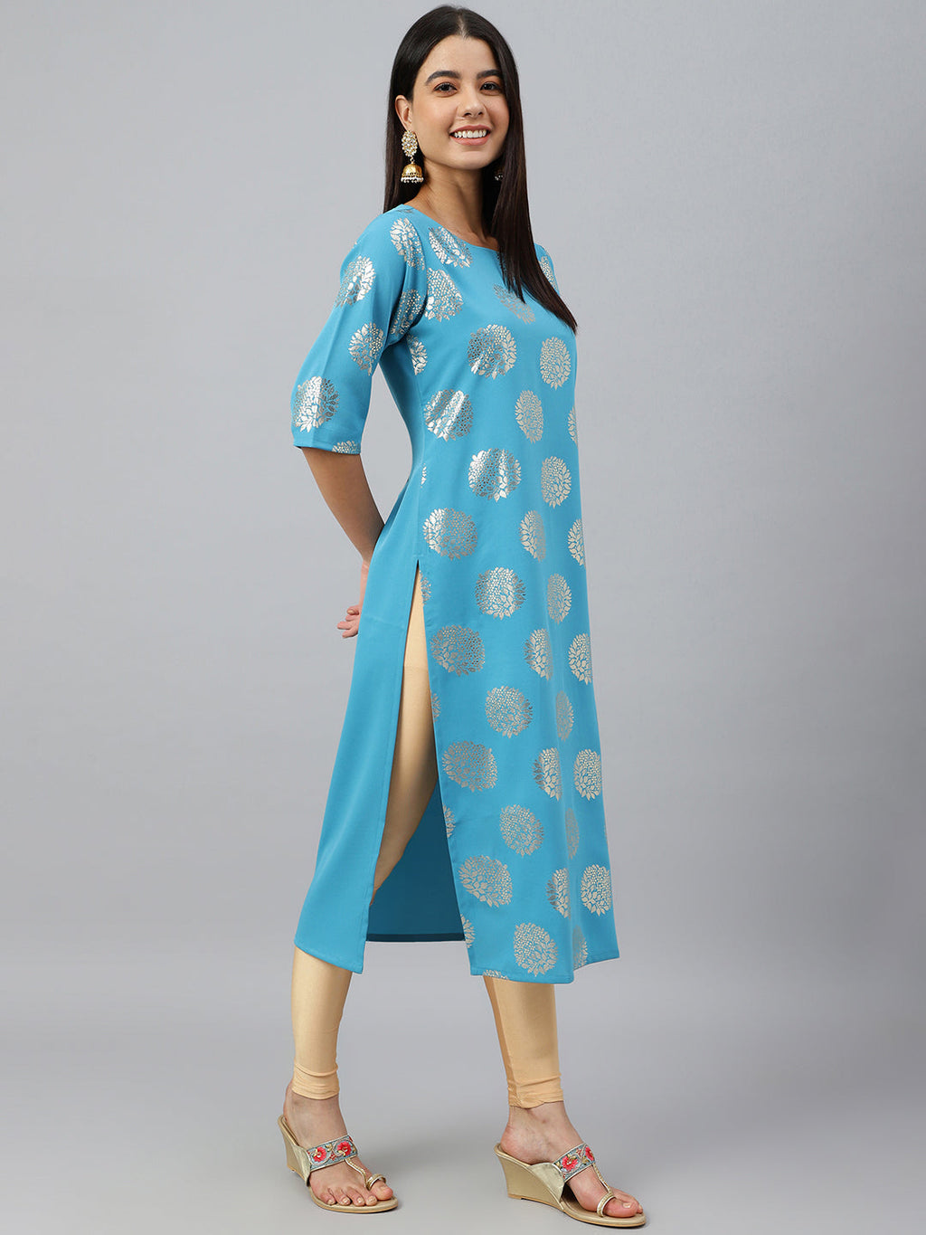 Janasya Women's Sky Blue Crepe Foil Print Casual Straight Kurta | Grocsy