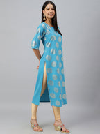 Janasya Women's Sky Blue Crepe Foil Print Casual Straight Kurta | Grocsy