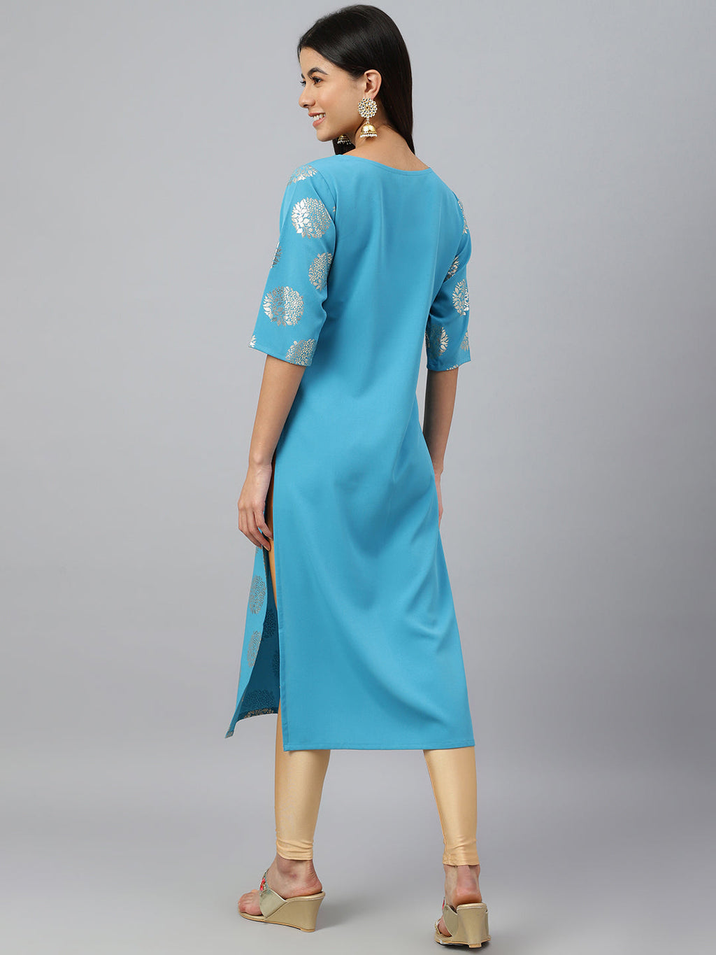 Janasya Women's Sky Blue Crepe Foil Print Casual Straight Kurta | Grocsy