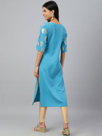Janasya Women's Sky Blue Crepe Foil Print Casual Straight Kurta | Grocsy