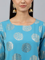 Janasya Women's Sky Blue Crepe Foil Print Casual Straight Kurta | Grocsy