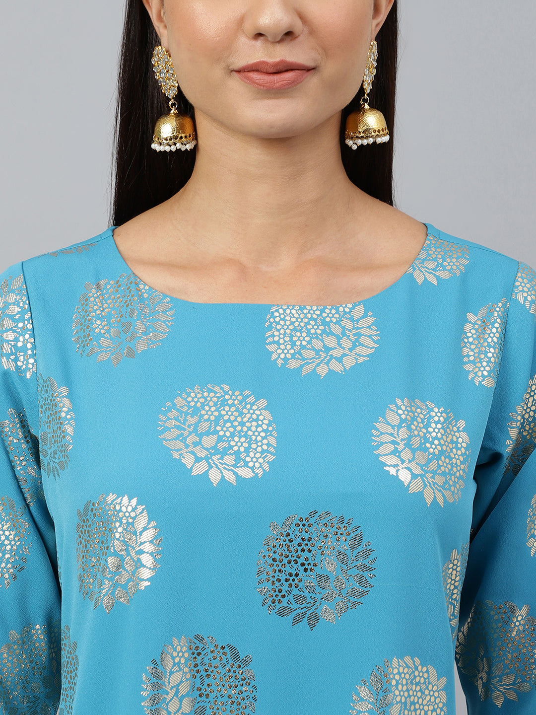 Janasya Women's Sky Blue Crepe Foil Print Casual Straight Kurta | Grocsy