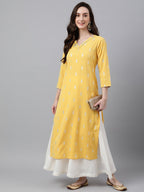 Janasya Women's Mustard Crepe Foil Print Casual Straight Kurta | Grocsy