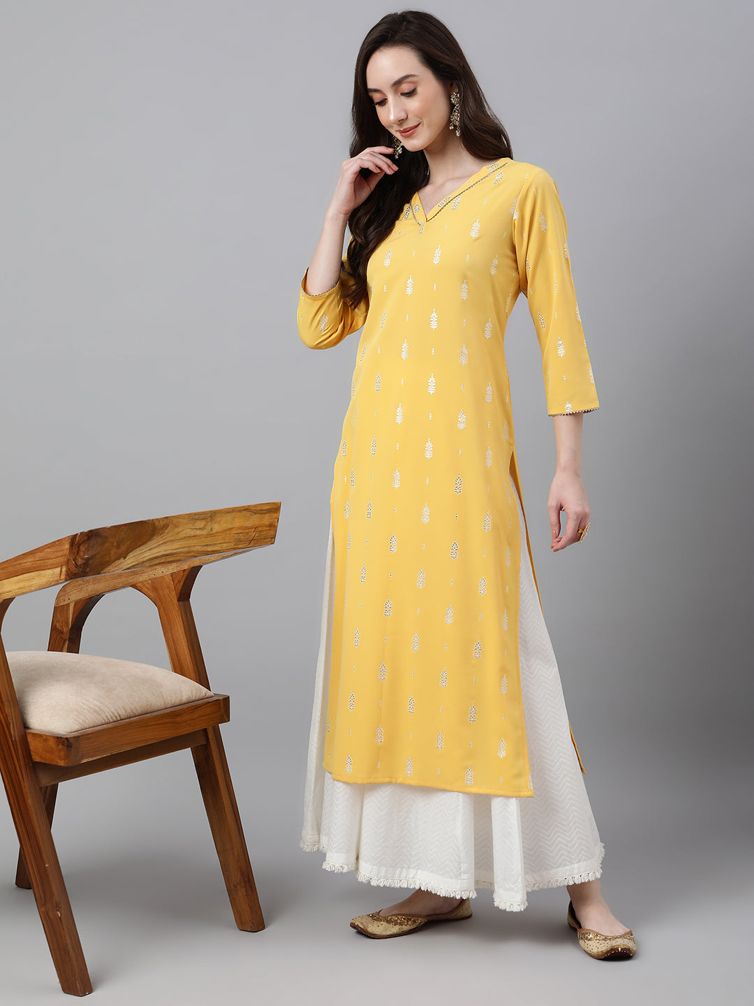 Janasya Women's Mustard Crepe Foil Print Casual Straight Kurta | Grocsy