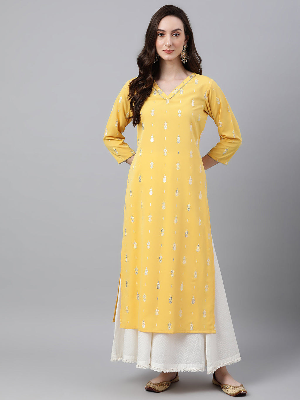 Janasya Women's Mustard Crepe Foil Print Casual Straight Kurta | Grocsy