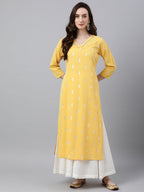 Janasya Women's Mustard Crepe Foil Print Casual Straight Kurta | Grocsy