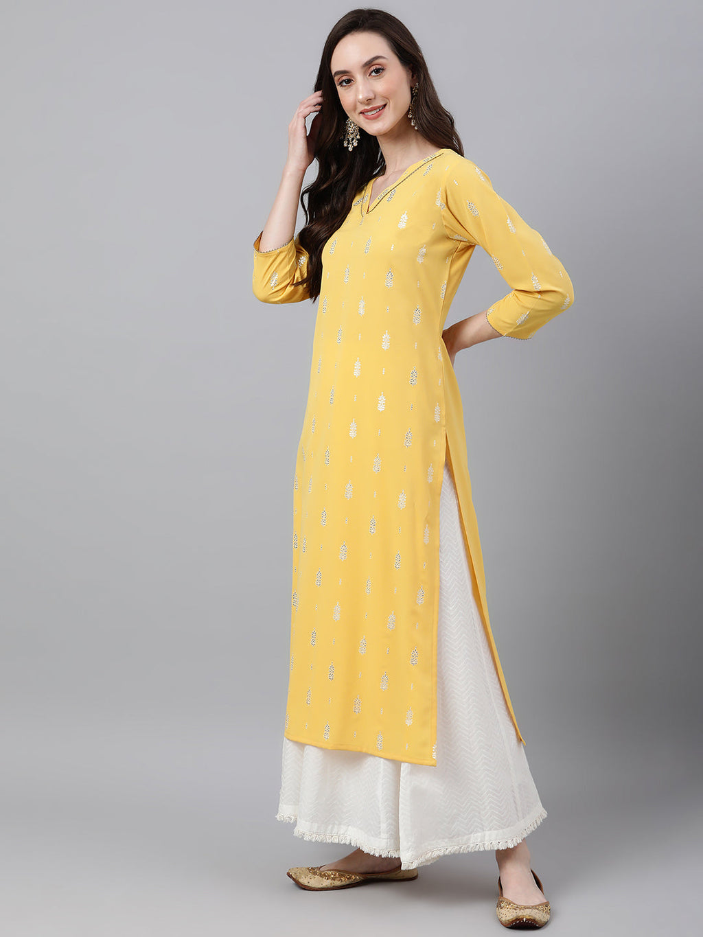 Janasya Women's Mustard Crepe Foil Print Casual Straight Kurta | Grocsy