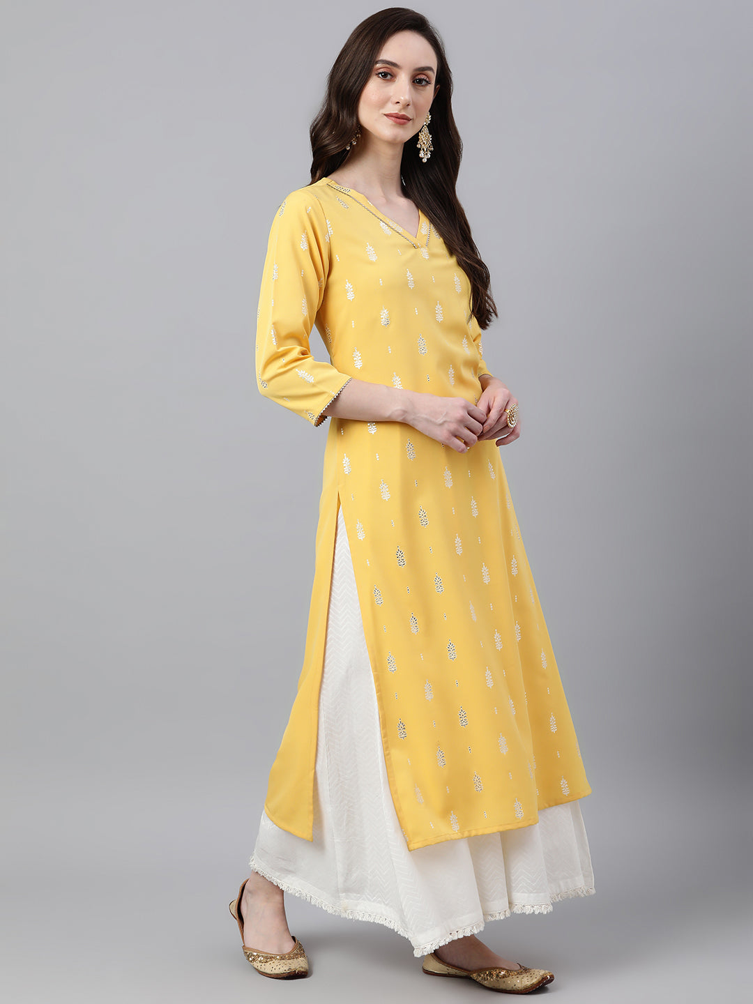 Janasya Women's Mustard Crepe Foil Print Casual Straight Kurta | Grocsy