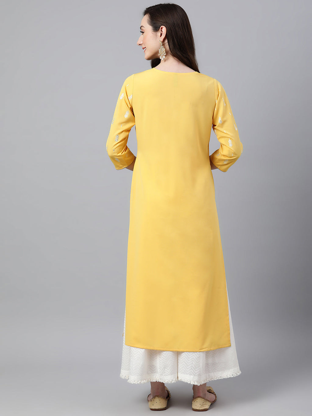 Janasya Women's Mustard Crepe Foil Print Casual Straight Kurta | Grocsy