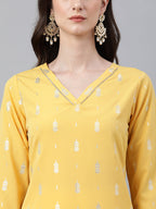 Janasya Women's Mustard Crepe Foil Print Casual Straight Kurta | Grocsy