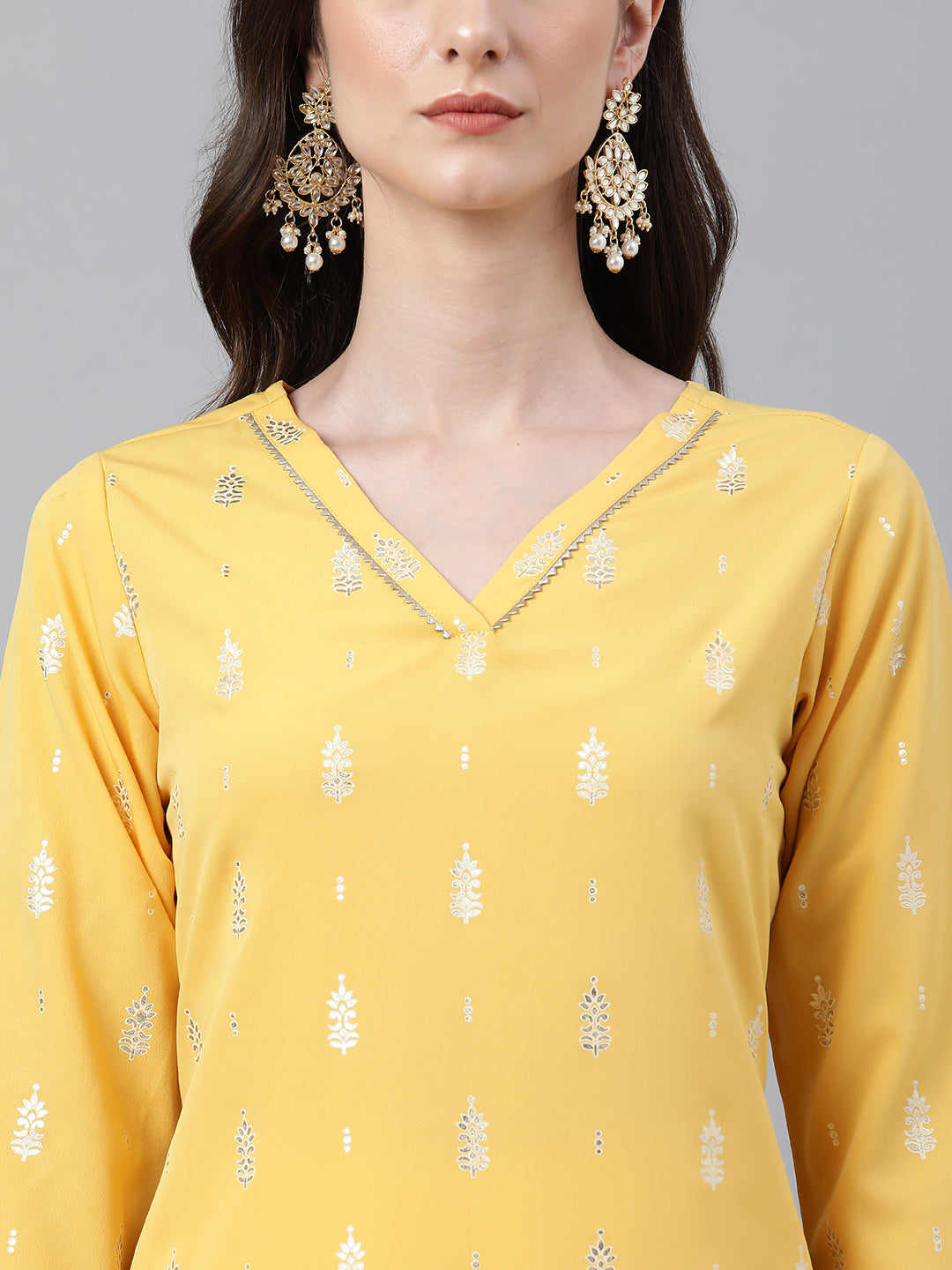 Janasya Women's Mustard Crepe Foil Print Casual Straight Kurta | Grocsy