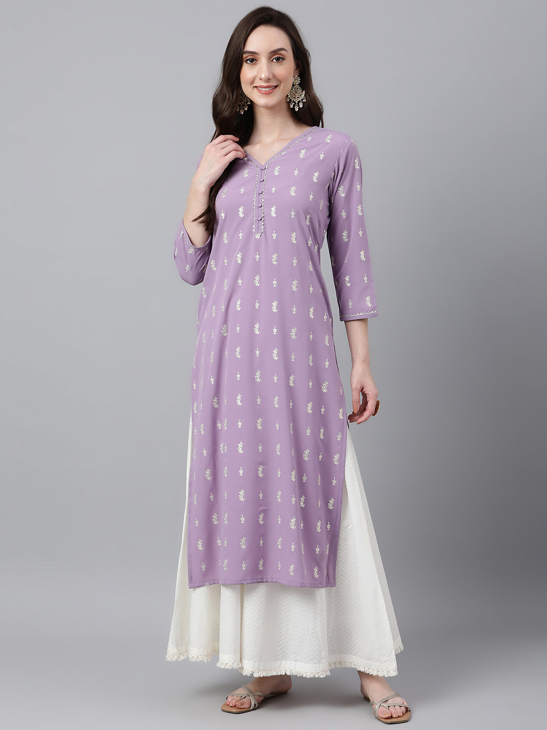 Indian Clothing Janasya Women's Lavender Crepe Foil Print Casual Straight Kurta | Grocsy