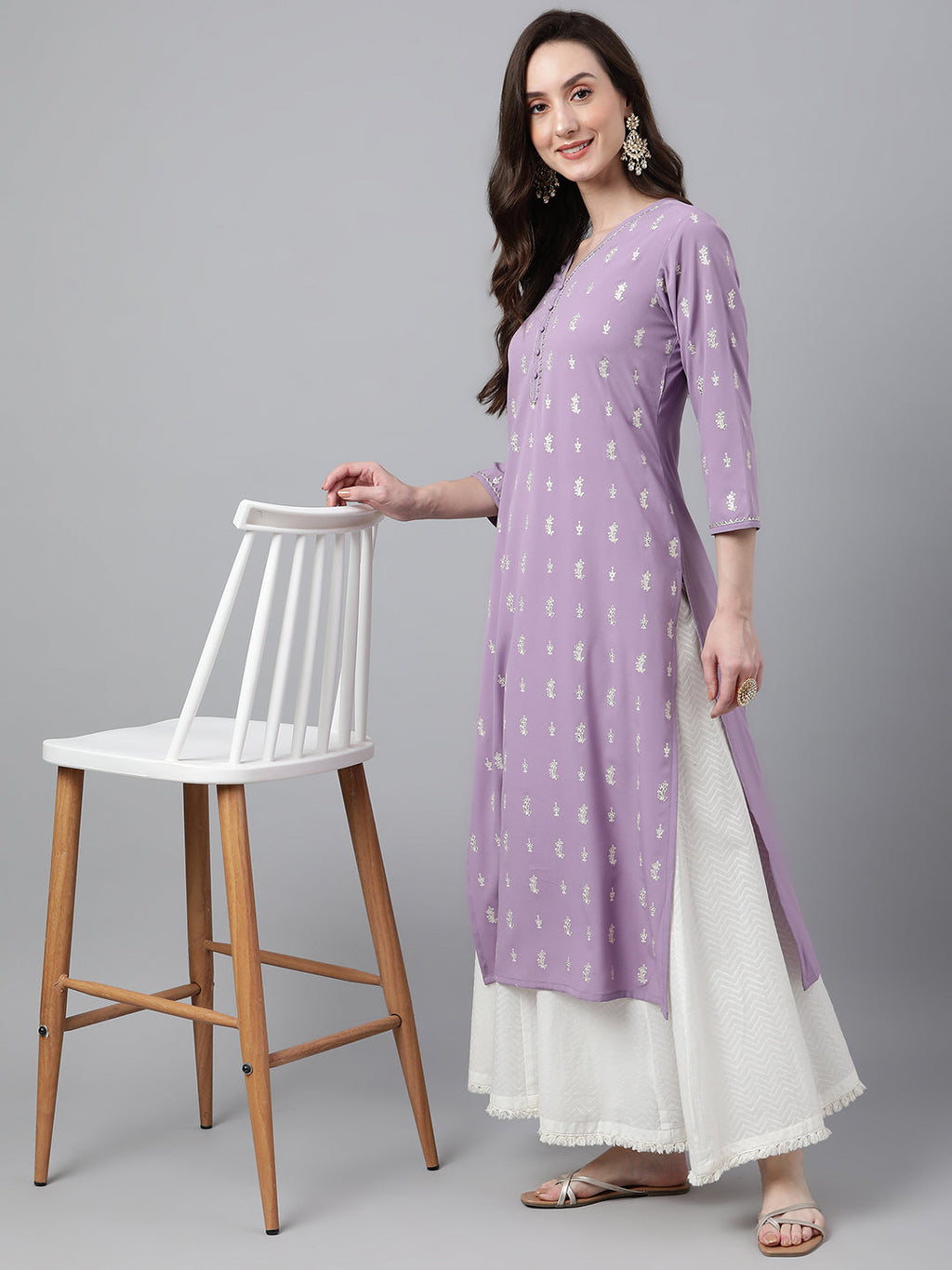 Indian Clothing Janasya Women's Lavender Crepe Foil Print Casual Straight Kurta | Grocsy