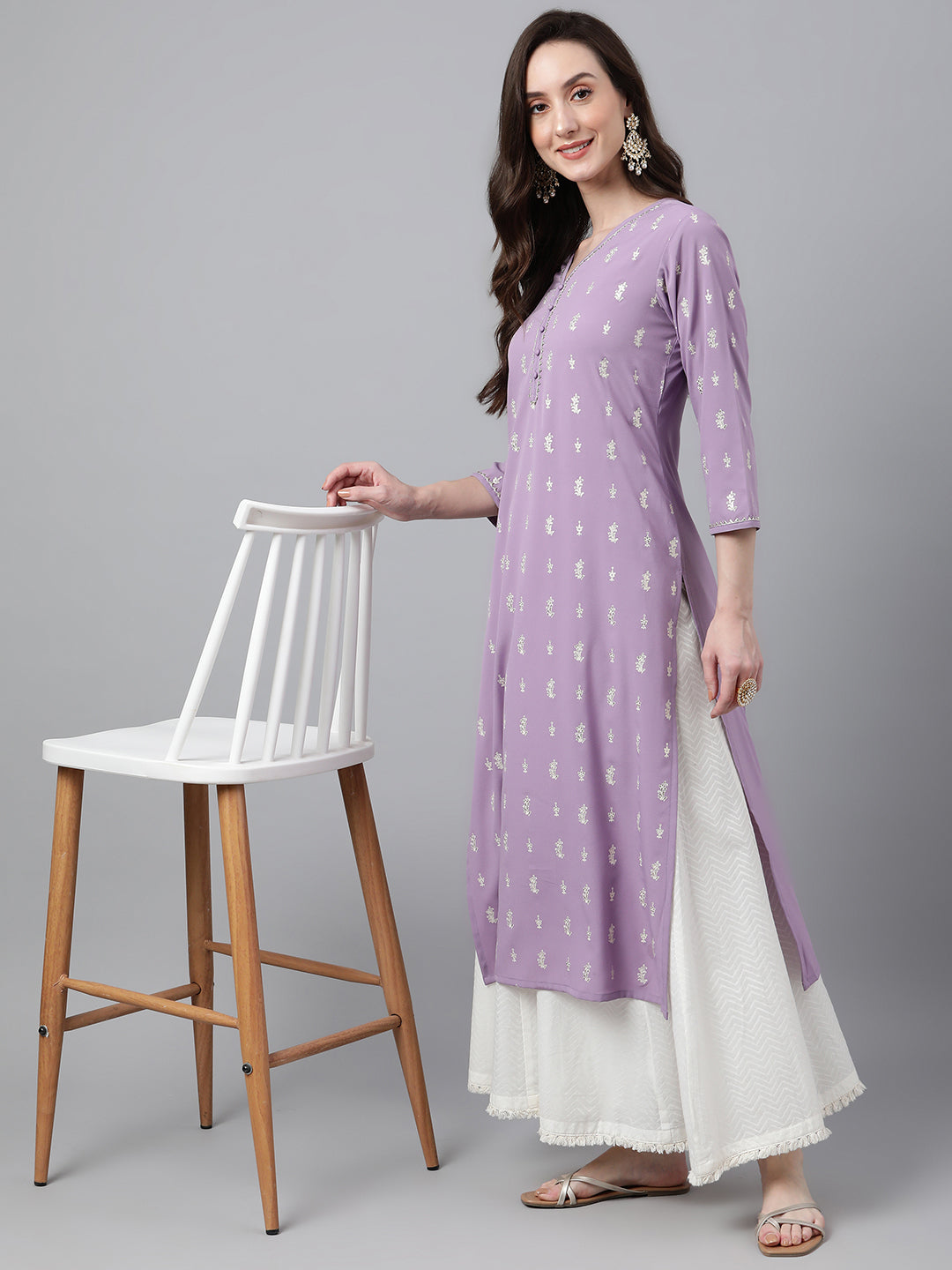 Indian Clothing Janasya Women's Lavender Crepe Foil Print Casual Straight Kurta | Grocsy