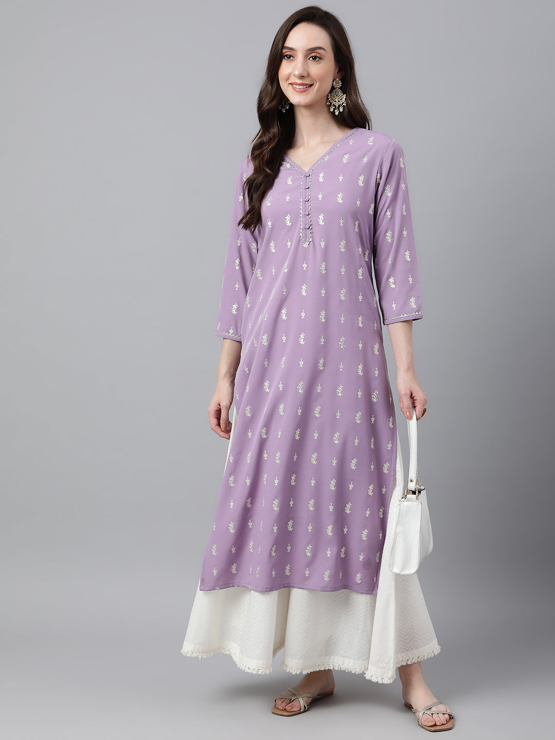 Indian Clothing Janasya Women's Lavender Crepe Foil Print Casual Straight Kurta | Grocsy