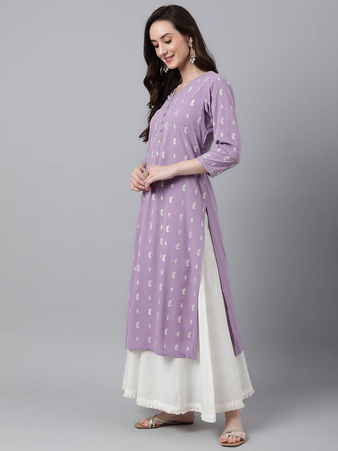 Indian Clothing Janasya Women's Lavender Crepe Foil Print Casual Straight Kurta | Grocsy