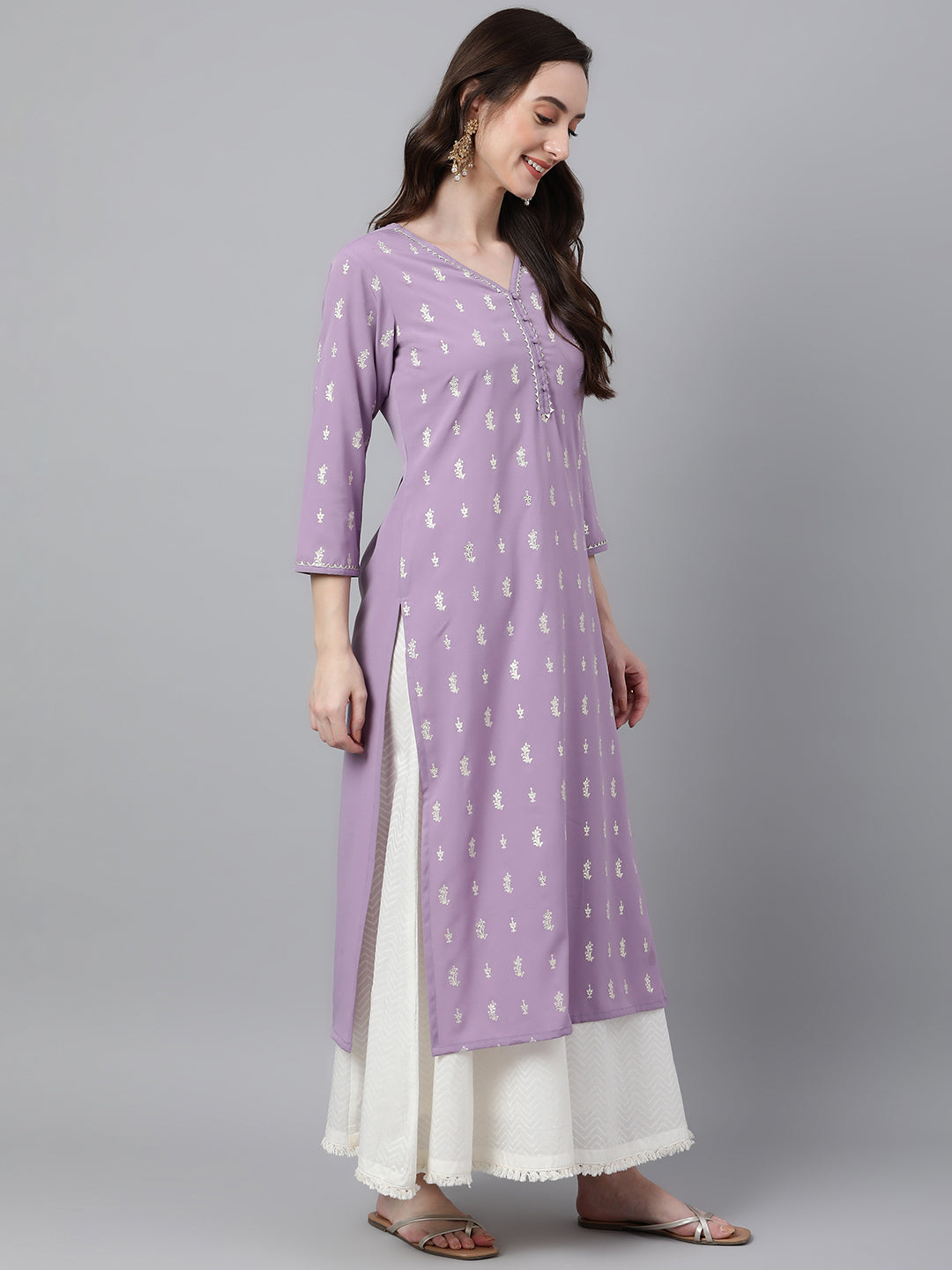 Indian Clothing Janasya Women's Lavender Crepe Foil Print Casual Straight Kurta | Grocsy