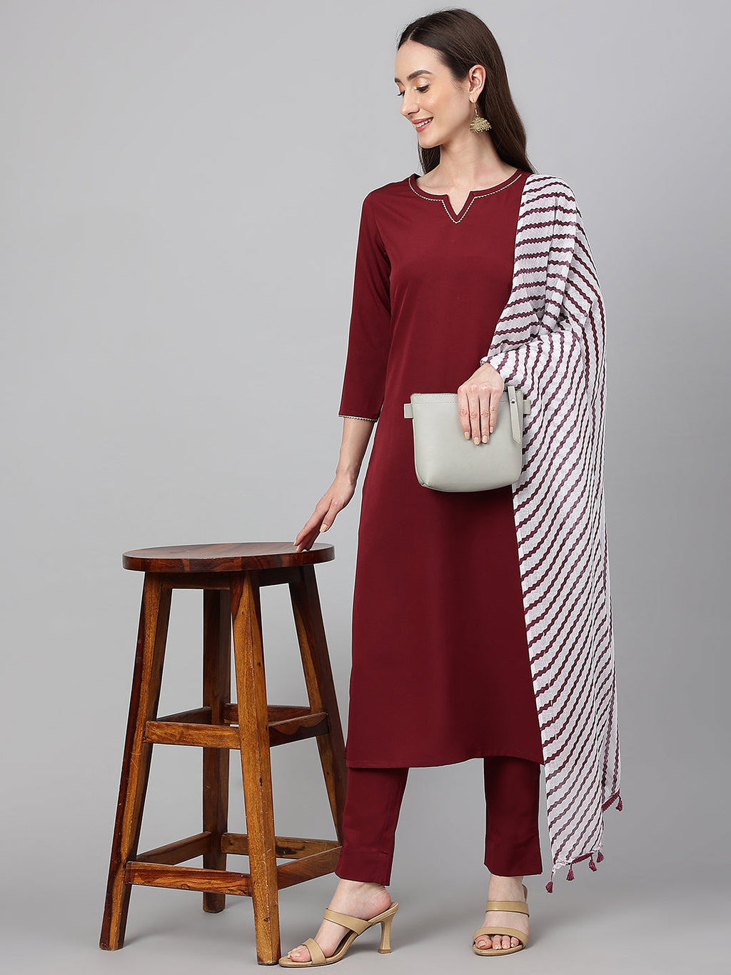 Janasya Women's Maroon Crepe Solid Straight Festival Kurta Set | Grocsy