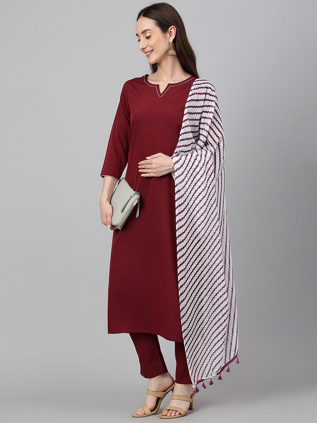 Janasya Women's Maroon Crepe Solid Straight Festival Kurta Set | Grocsy