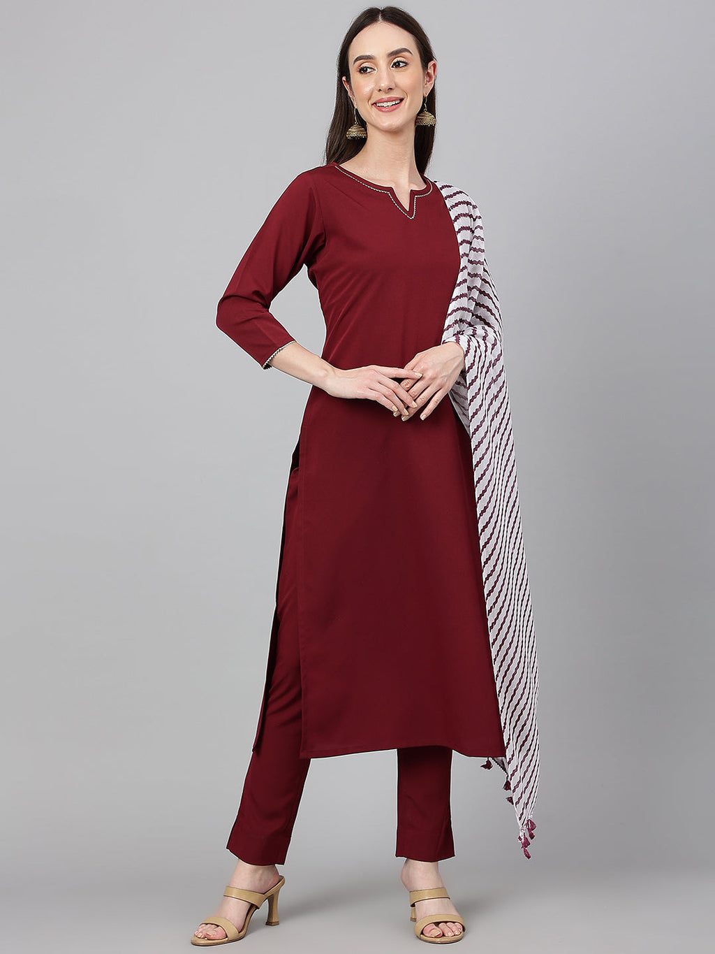 Janasya Women's Maroon Crepe Solid Straight Festival Kurta Set | Grocsy