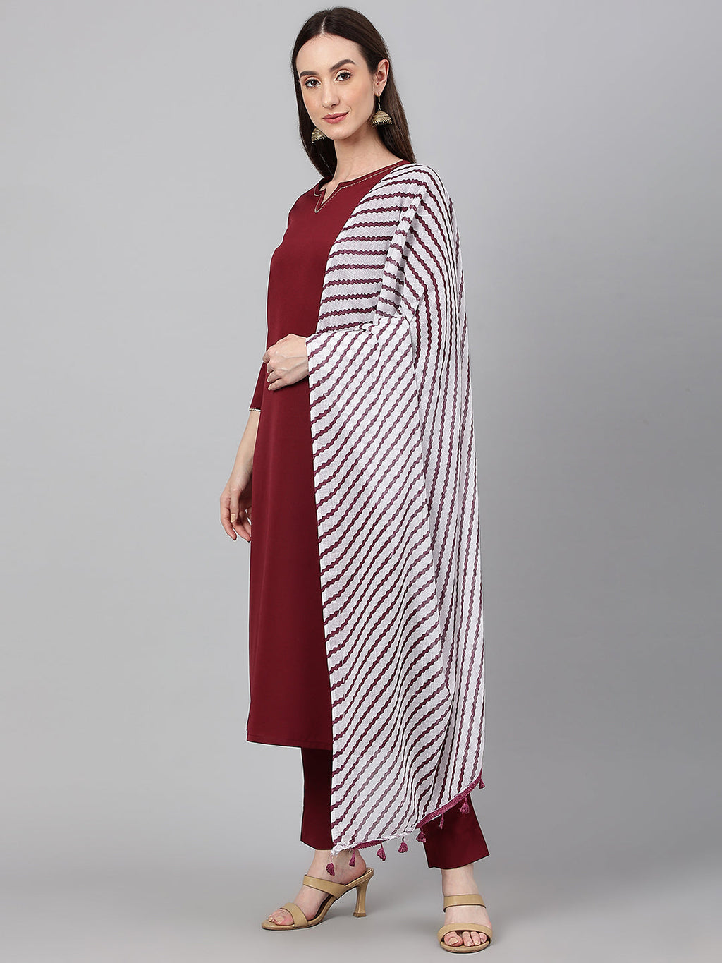 Janasya Women's Maroon Crepe Solid Straight Festival Kurta Set | Grocsy