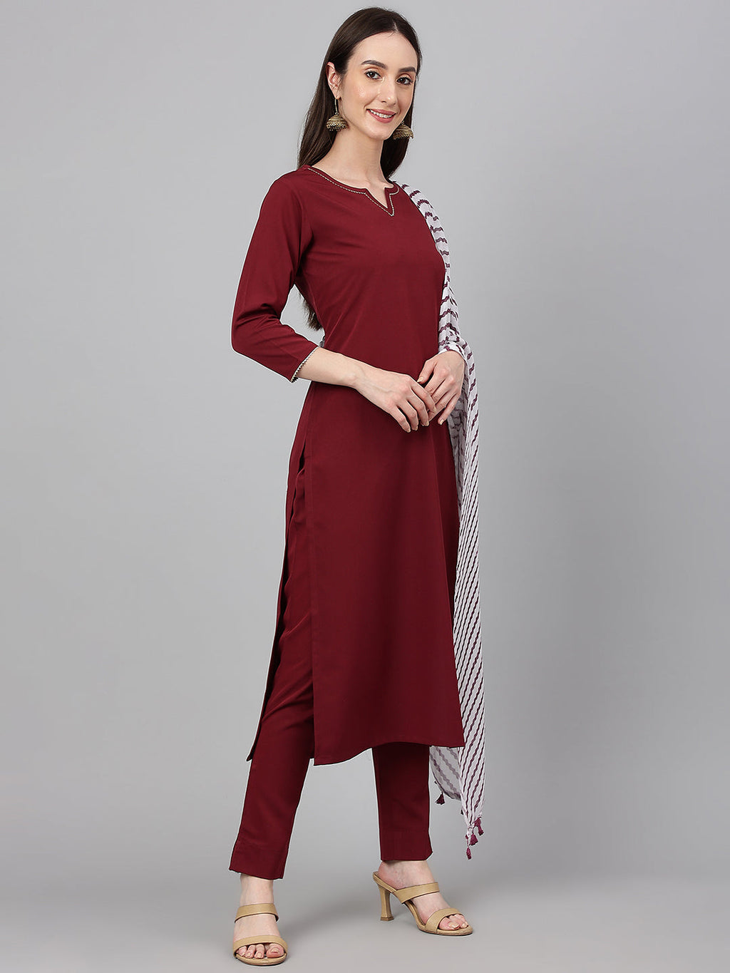 Janasya Women's Maroon Crepe Solid Straight Festival Kurta Set | Grocsy