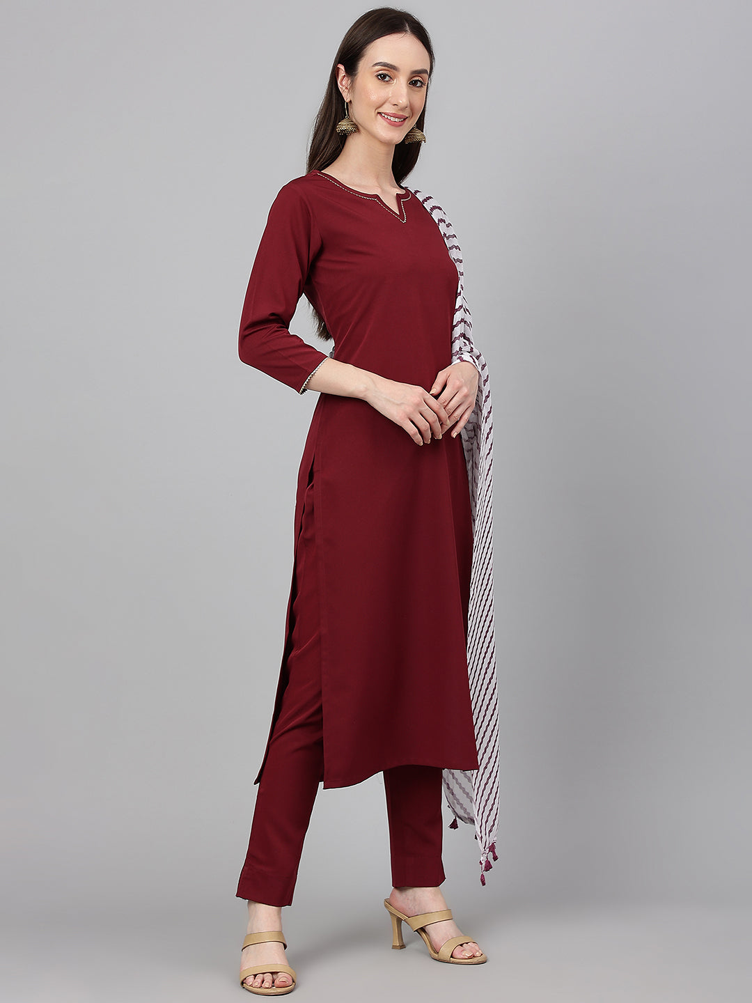 Janasya Women's Maroon Crepe Solid Straight Festival Kurta Set | Grocsy