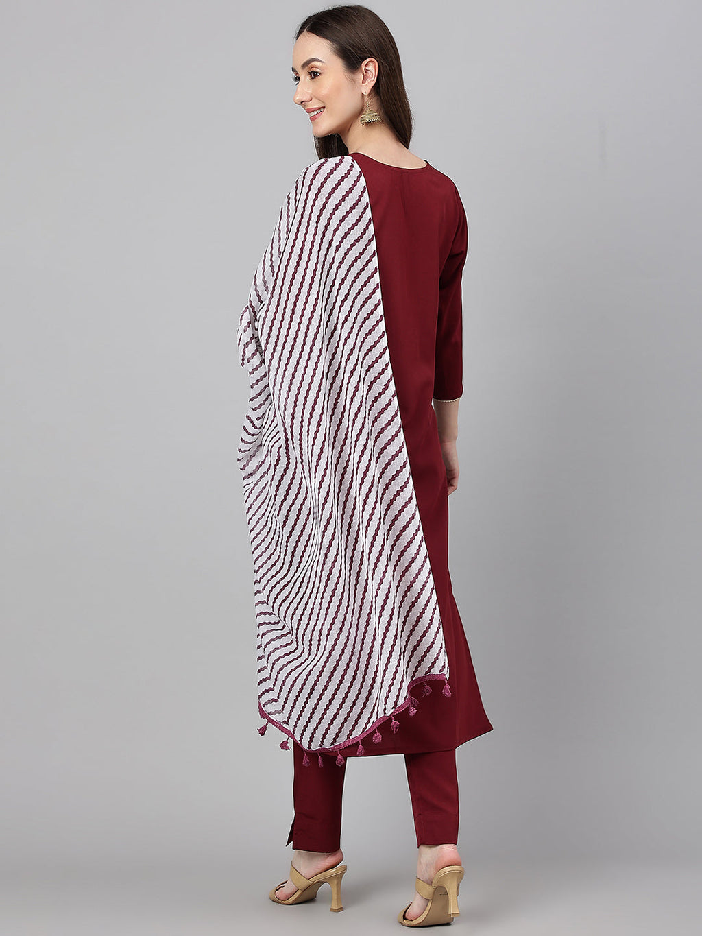 Janasya Women's Maroon Crepe Solid Straight Festival Kurta Set | Grocsy