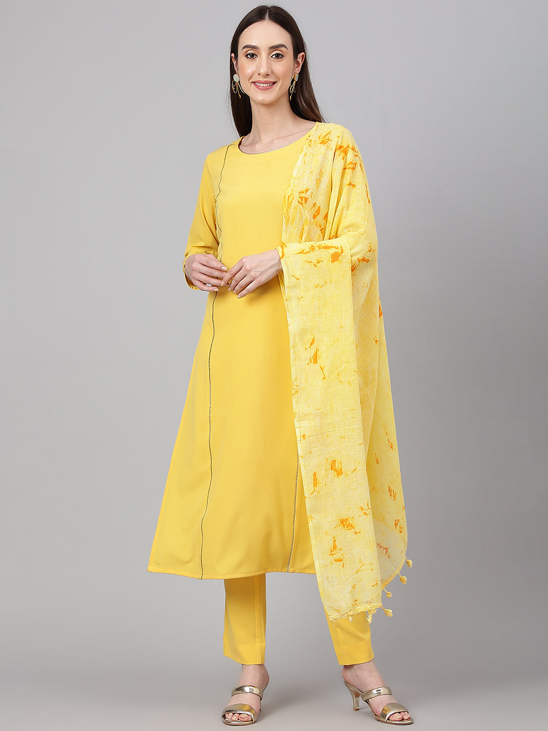 Janasya Women's Yellow Crepe Solid Straight Festival Kurta Set | Grocsy