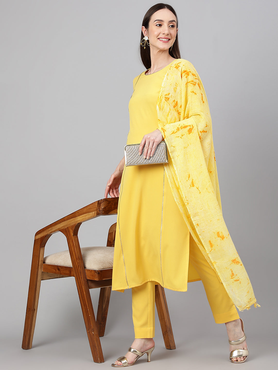 Janasya Women's Yellow Crepe Solid Straight Festival Kurta Set | Grocsy