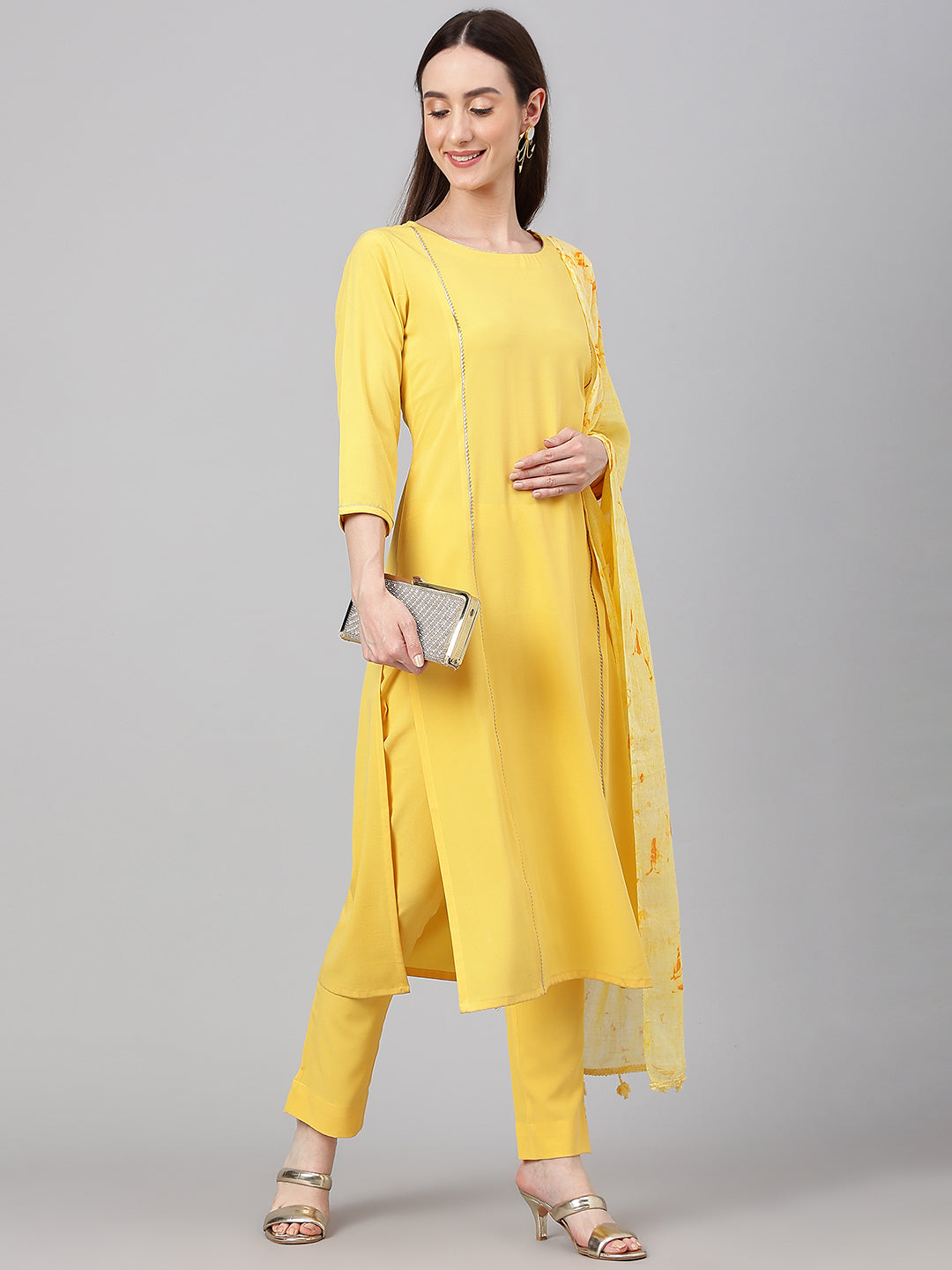 Janasya Women's Yellow Crepe Solid Straight Festival Kurta Set | Grocsy