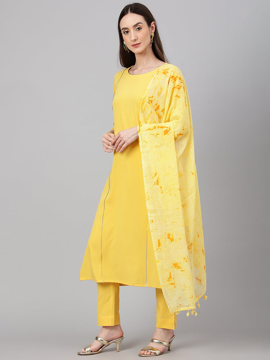 Janasya Women's Yellow Crepe Solid Straight Festival Kurta Set | Grocsy