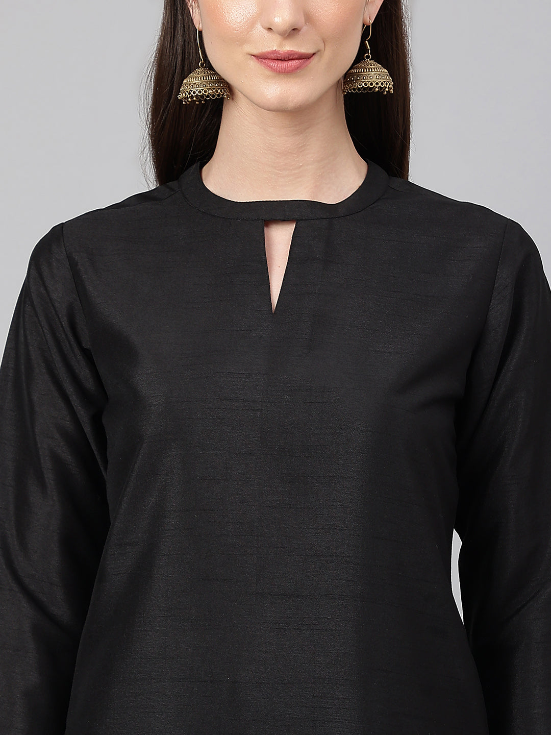 Janasya Women's Black Crepe Silk Solid Straight Festival Kurta Set | Grocsy