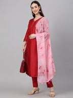 Janasya Women's Maroon Crepe Silk Solid Straight Festival Kurta Set | Grocsy