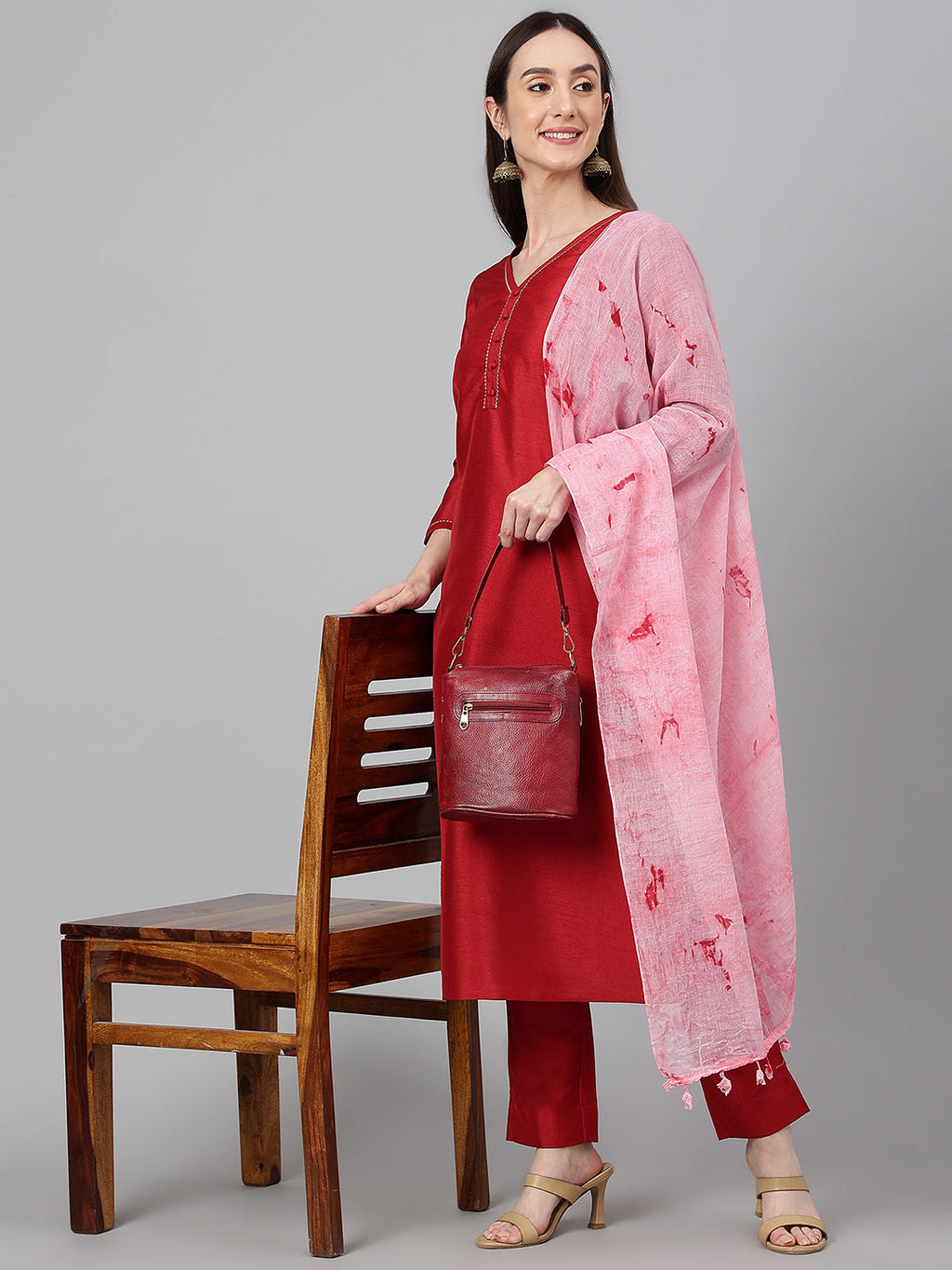 Janasya Women's Maroon Crepe Silk Solid Straight Festival Kurta Set | Grocsy