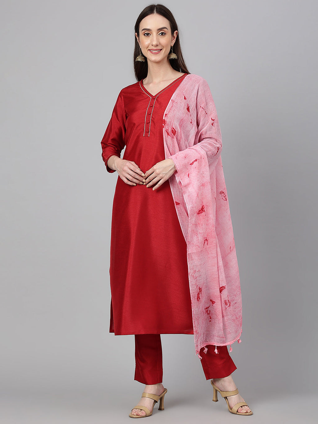 Janasya Women's Maroon Crepe Silk Solid Straight Festival Kurta Set | Grocsy