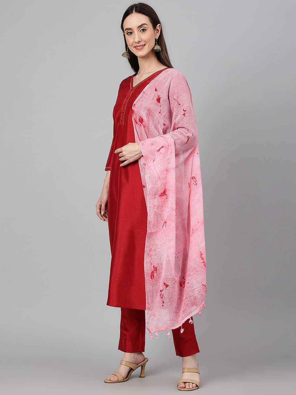 Janasya Women's Maroon Crepe Silk Solid Straight Festival Kurta Set | Grocsy