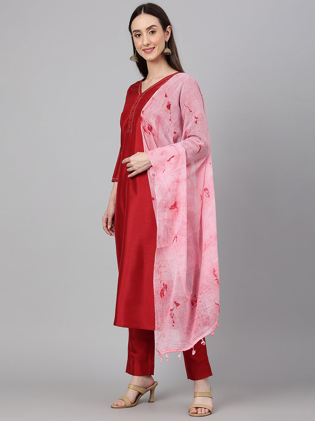 Janasya Women's Maroon Crepe Silk Solid Straight Festival Kurta Set | Grocsy