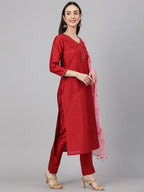 Janasya Women's Maroon Crepe Silk Solid Straight Festival Kurta Set | Grocsy