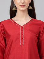 Janasya Women's Maroon Crepe Silk Solid Straight Festival Kurta Set | Grocsy