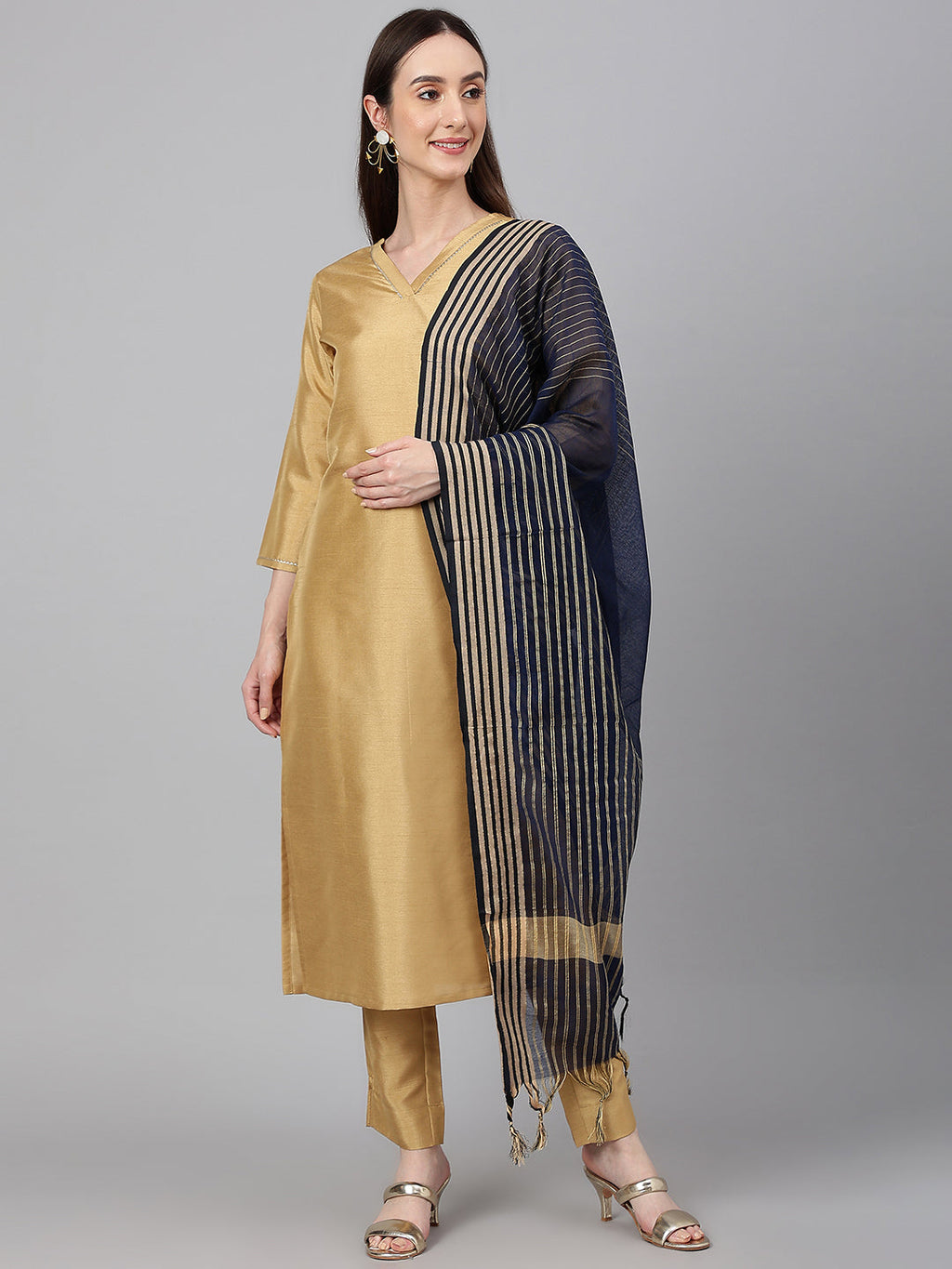 Janasya Women's Gold Crepe Silk Solid Straight Festival Kurta Set | Grocsy