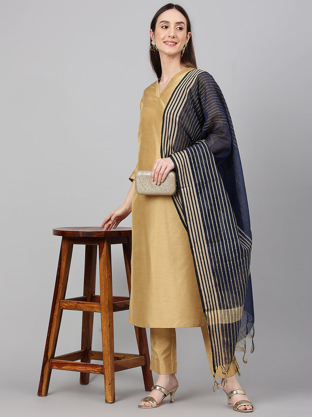 Janasya Women's Gold Crepe Silk Solid Straight Festival Kurta Set | Grocsy