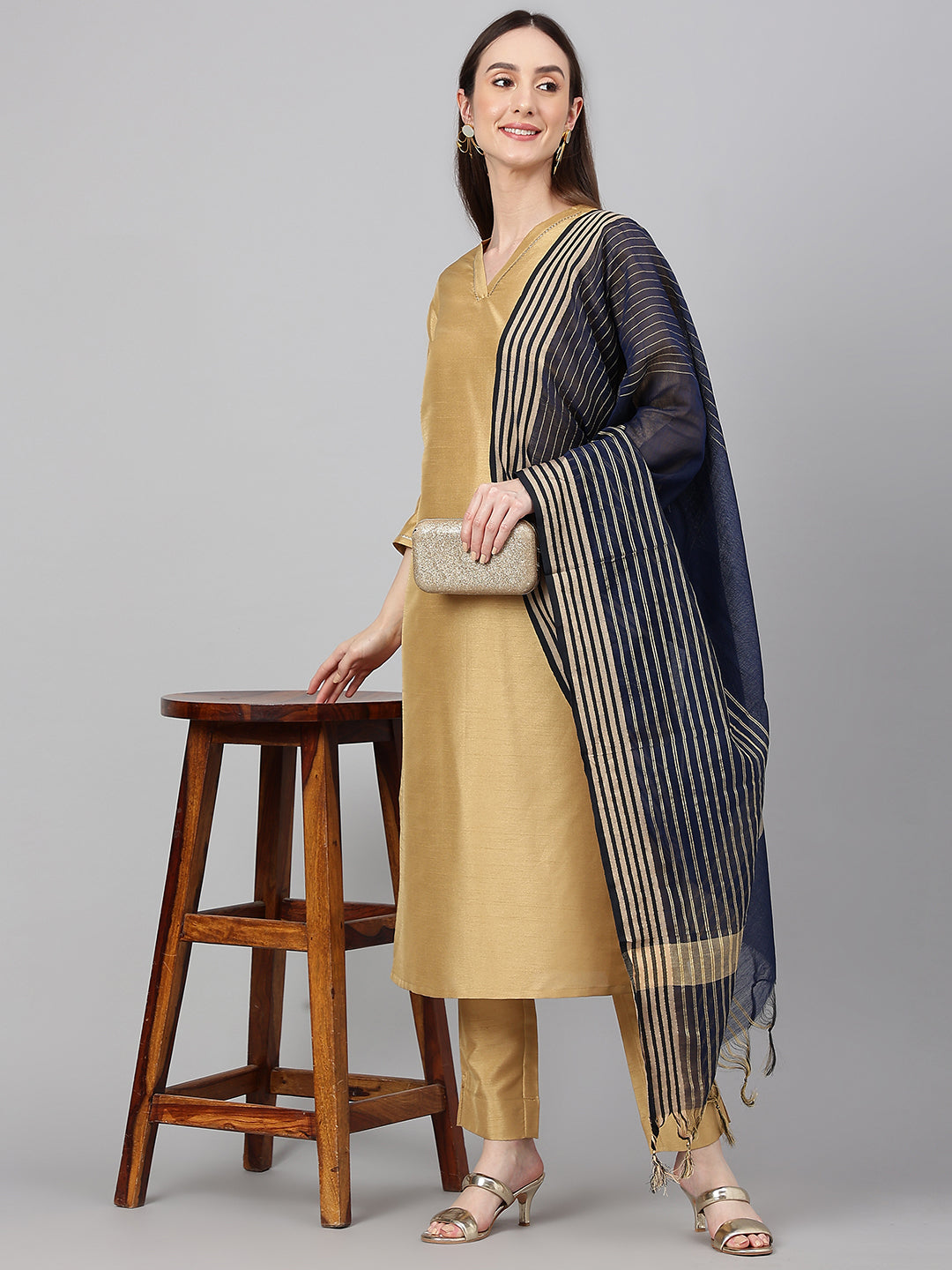 Janasya Women's Gold Crepe Silk Solid Straight Festival Kurta Set | Grocsy