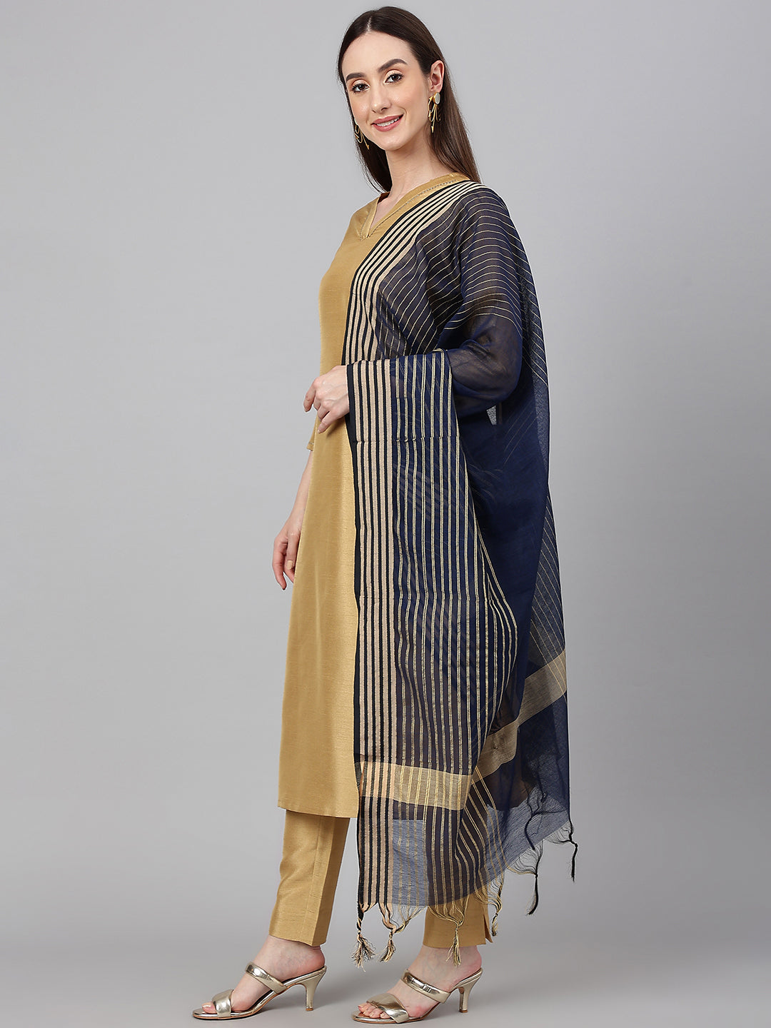 Janasya Women's Gold Crepe Silk Solid Straight Festival Kurta Set | Grocsy