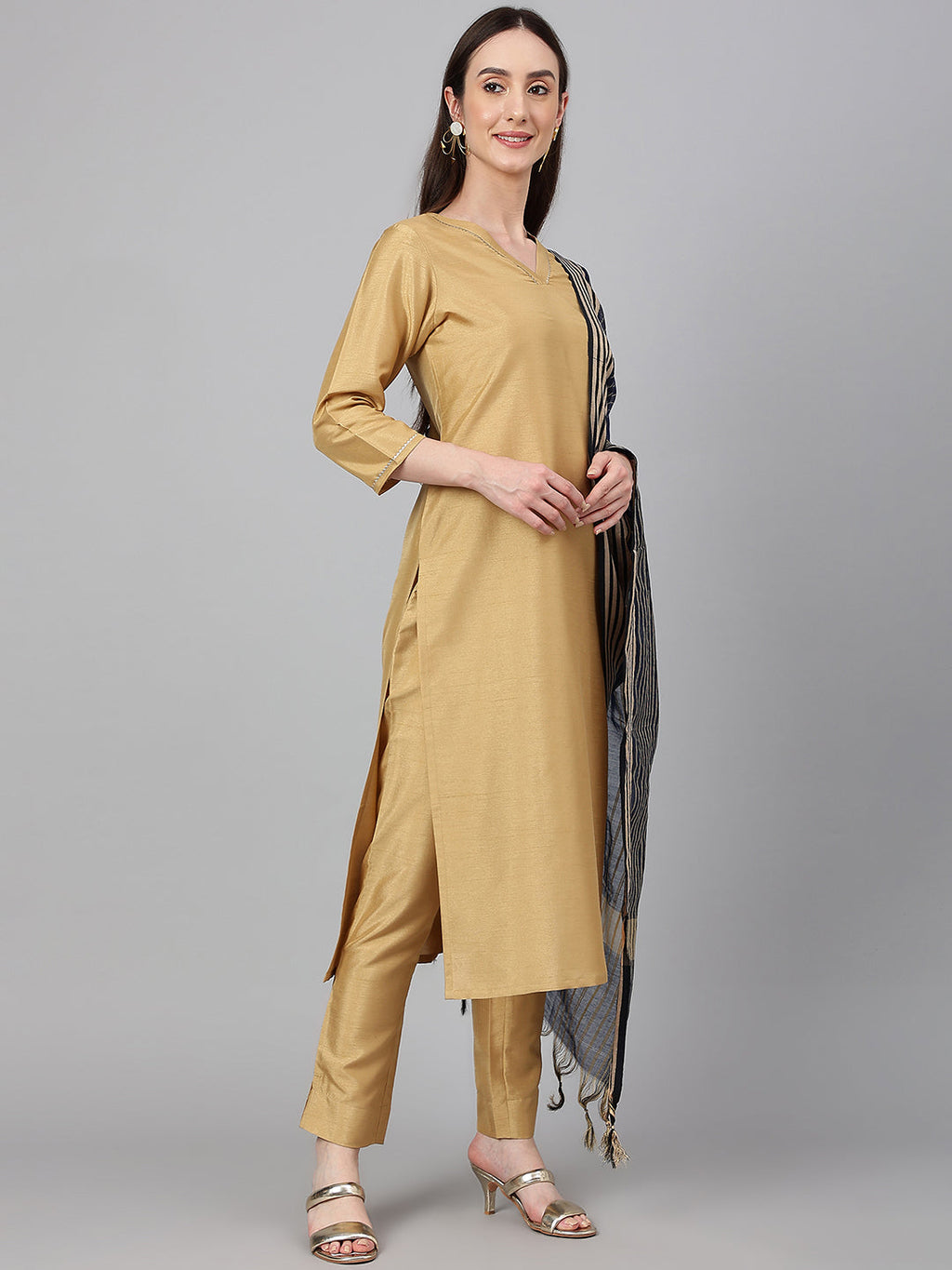 Janasya Women's Gold Crepe Silk Solid Straight Festival Kurta Set | Grocsy