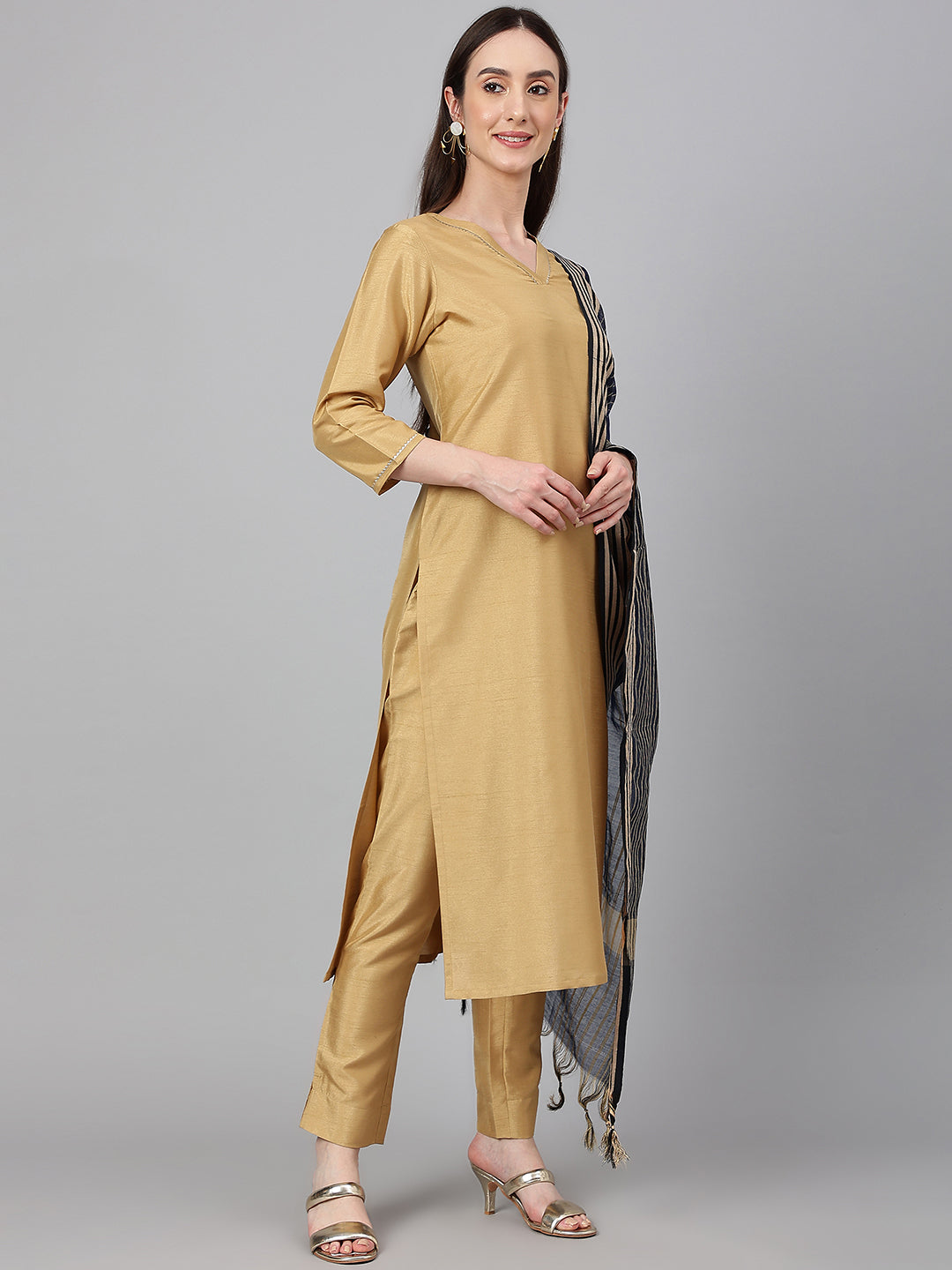 Janasya Women's Gold Crepe Silk Solid Straight Festival Kurta Set | Grocsy